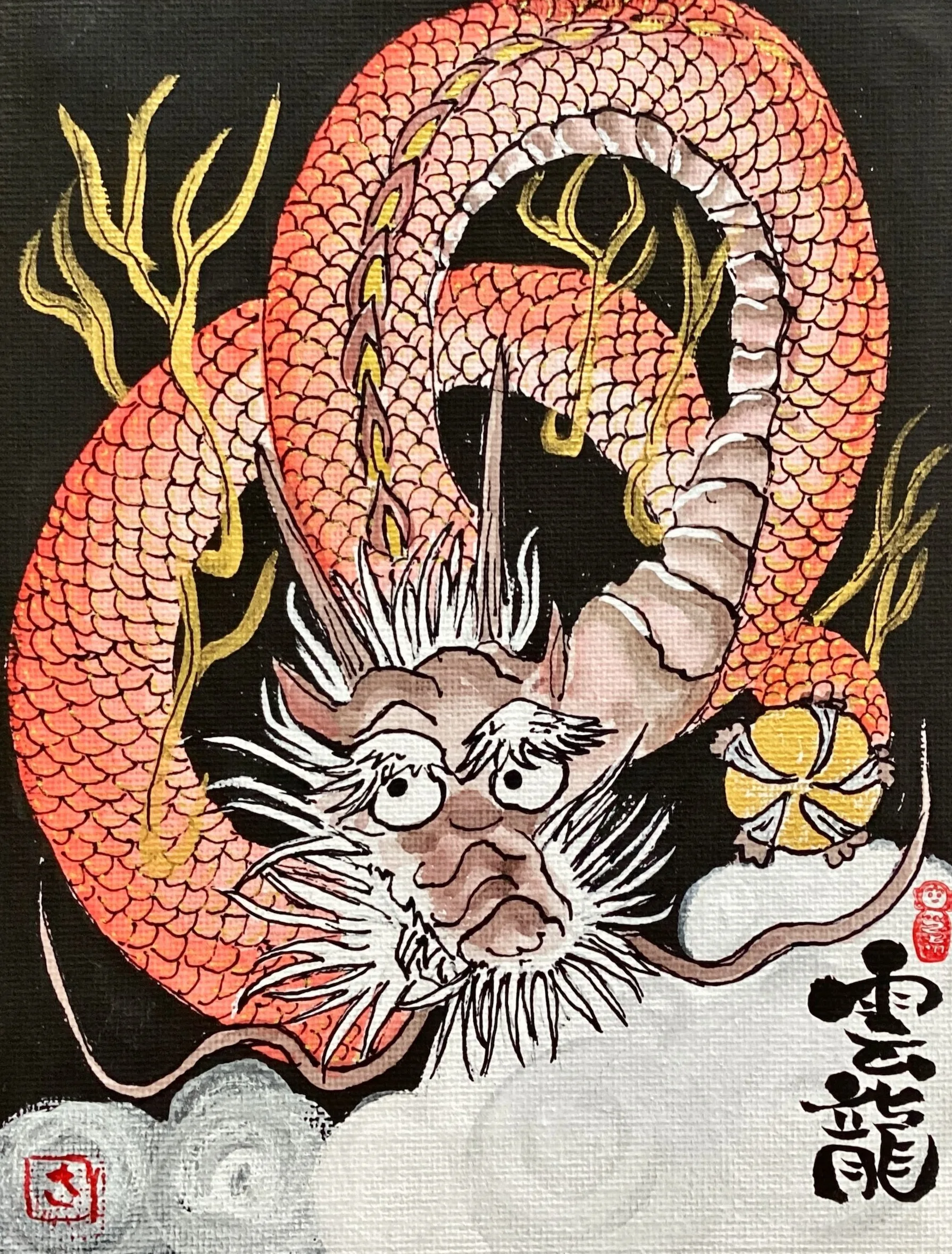 己書 神戸桜が丘道場 作品「雲龍」迫力ある龍の絵手紙作品
